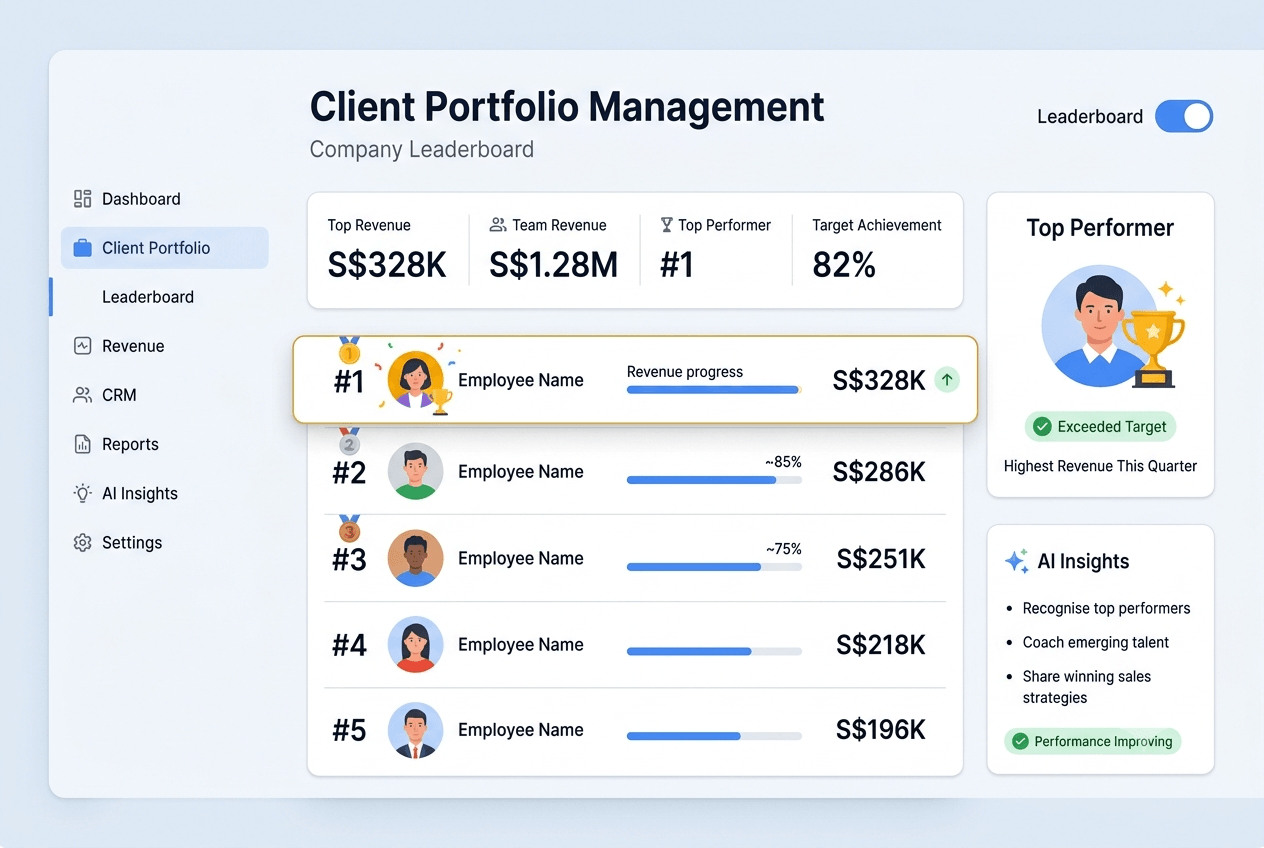 Company leaderboard with gold, silver and bronze medals, revenue figures per staff member and an on/off toggle