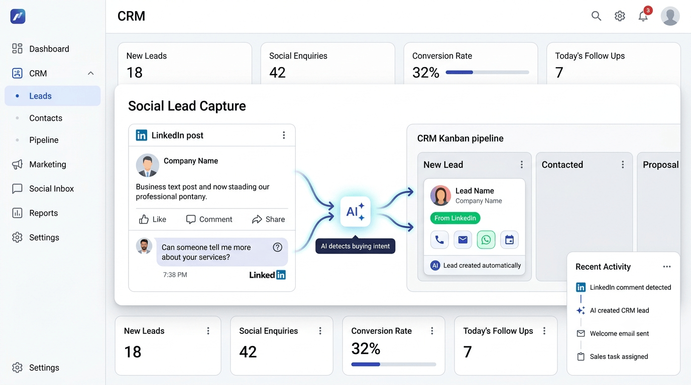 A LinkedIn post comment converting into a CRM lead card in the pipeline
